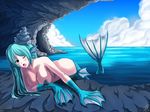  artist_request blue_hair claws fins head_fins headfins mermaid monster_girl topless webbed_hands 