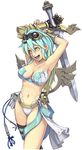  aqua_hair armor armpits arms_up bikini_armor blonde_hair breasts cleavage fantasy gauntlets goggles large_breasts long_hair maruta_kentarou multicolored_hair navel original solo sword weapon wings yellow_eyes 