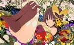  artist_name ass breasts brown_hair copyright_name feet flower highres japanese_clothes logo manahime medium_breasts okama onore_no_shinzuru_michi_wo_yuke smile solo wallpaper watermark 