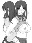  back-to-back breasts collar greyscale huge_breasts kurusugawa_ayaka kurusugawa_serika leash long_hair monochrome multiple_girls nipples school_uniform shichimenchou siblings sisters to_heart 