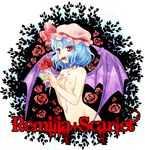  bat_wings blood blue_hair character_name dripping flat_chest flower hands hat mochiya_marosuke mouth_hold nipples nude red_eyes red_flower red_rose remilia_scarlet rose short_hair slit_pupils smile solo touhou wings 