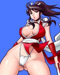  ass_visible_through_thighs bad_id bad_pixiv_id black_hair breasts cleavage covered_nipples fatal_fury fjt_(fjym2) gloves green_eyes highleg highleg_panties hips large_breasts lips long_hair lowres panties pelvic_curtain ponytail revealing_clothes shiranui_mai solo the_king_of_fighters underwear white_panties 