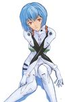  absurdres ayanami_rei bangs blue_hair bodysuit bracer breasts crossed_arms expressionless gloves head_tilt headgear highres looking_at_viewer neon_genesis_evangelion number official_art page_number pilot_suit plugsuit red_eyes scan shadow short_hair signature simple_background sitting skinny small_breasts solo suzuki_shunji white_background white_bodysuit 