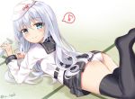  black_legwear blue_eyes bottle hat hibiki_(kantai_collection) kantai_collection long_hair long_sleeves looking_at_viewer looking_back panties sake_bottle school_uniform serafuku sugisaki_yuu thighhighs underwear verniy_(kantai_collection) white_hair white_panties 