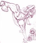  boots breasts copyright_request high_heels huge_breasts kicking long_hair monochrome shoes sketch solo thighhighs trench_coat yuri_ai 