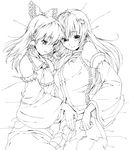  bad_id bad_pixiv_id blush couple greyscale hakurei_reimu inuzuka_bouru kochiya_sanae lineart monochrome multiple_girls ribbon touhou yuri 