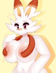  2019 absurd_res anthro areola big_breasts breasts digital_media_(artwork) female fur hi_res huge_breasts lagomorph mammal navel nintendo nipples pok&eacute;mon pok&eacute;mon_(species) pok&eacute;morph raikissu scorbunny simple_background solo video_games 