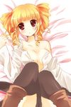  bad_id bad_pixiv_id beelzebub blonde_hair drill_hair hinase_haruka lying open_clothes open_shirt red_eyes shirt solo stakes_of_purgatory thighhighs umineko_no_naku_koro_ni 