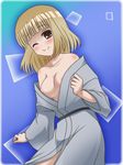  awa blue_kimono blush breasts fukuji_mihoko japanese_clothes kimono medium_breasts nipple_slip nipples one_eye_closed saki solo wardrobe_malfunction yukata 