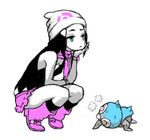  arm_support black_hair blue_eyes boots bored gen_4_pokemon hair_ornament hairclip hat hikari_(pokemon) implied_pantyshot jon_taira parody pervert pink_footwear piplup pokemon pokemon_(creature) scarf skirt squatting sweat veins 