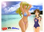  america american_flag_bikini beach bikini blonde_hair blue_eyes braid breast_envy breasts brown_eyes brown_hair day flag_print flat_chest japan large_breasts long_hair multiple_girls original school_swimsuit smile swimsuit tan tears tk_(butakuma) twin_braids wallpaper 