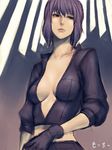  black_eyes breasts fumio_(rsqkr) ghost_in_the_shell gloves jacket kusanagi_motoko large_breasts open_clothes open_jacket purple_hair short_hair sketch solo unzipped 