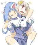  2girls :3 ^_^ animal_ears artist_request big_hair biting blonde_hair blue_hair blush capcom capcom_fighting_jam cat_ears closed_eyes company_connection crossover felicia gloves hairband hairpods hug ingrid multiple_girls open_mouth red_eyes surprised vampire_(game) white_hair 