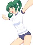  blue_eyes breasts buruma covered_nipples green_hair gym_uniform medium_breasts outstretched_arms shichimenchou simple_background solo solty_rei solty_revant spread_arms 