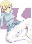  blonde_hair blue_eyes blush brave_witches crotch_seam em feet military military_uniform nikka_edvardine_katajainen pantyhose see-through short_hair solo uniform white_legwear world_witches_series 