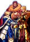  2boys absurdres ahoge armor artoria_pendragon_(all) avalon_(fate/stay_night) beard blonde_hair blue_cape blue_eyes cape earrings excalibur facial_hair fate/zero fate_(series) gauntlets gilgamesh highres huge_filesize itou_ben jewelry multiple_boys planted_sword planted_weapon red_eyes red_hair rider_(fate/zero) saber sheath sheathed short_hair sword third-party_edit weapon 