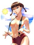  braid breasts brown_hair dead_or_alive heart large_breasts lei_fang lips naked_suspenders revealing_clothes short_hair short_shorts shorts solo suspenders topless twin_braids ueyama_michirou 