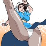  bad_id bad_pixiv_id black_eyes black_hair blush breasts bun_cover china_dress chinese_clothes chun-li covered_nipples double_bun dress fjt_(fjym2) high_kick kicking large_breasts loincloth lowres oekaki panties pantyhose pelvic_curtain solo street_fighter underwear white_panties 