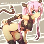  animal_ears bad_id bad_pixiv_id bent_over black_legwear blue_eyes breasts cat_ears cat_tail is_ii large_breasts long_hair original pink_hair solo tail thighhighs twintails underboob 