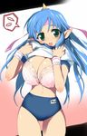  :o bad_id bad_pixiv_id bangs blue_hair blue_oni blush bow bow_bra bra breasts buruma cleavage demon_girl fang flying_sweatdrops gradient gradient_background green_eyes gym_uniform headband hima horn huge_breasts lace lace-trimmed_bra lingerie long_hair looking_at_viewer momotarou_densetsu name_tag navel oni pink_bra pointy_ears shirt shirt_lift solo speech_bubble spoken_sweatdrop standing surprised sweatdrop t-shirt underwear undressing wristband yasha 