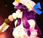  bare_shoulders bow breasts eating feeding food hanada_hyou hat ice_cream large_breasts long_hair nipples open_clothes patchouli_knowledge pink_bow purple_eyes purple_hair sexually_suggestive solo_focus touhou 