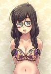  blush bra braid breasts brown_hair cleavage curvy e20 glasses green_eyes hair_over_shoulder houzumi_kaede large_breasts lingerie navel open_mouth original smile solo twin_braids underwear 