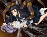  bdsm black_hair blue_eyes bondage bound insect_girl monster_girl mummification purple_hair red_eyes scared spider spider_girl spider_web web yuri 