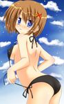  ass bikini blue_eyes blush breasts brown_hair butt_crack covered_nipples hair_ornament highres lask lyrical_nanoha mahou_shoujo_lyrical_nanoha_strikers medium_breasts short_hair side-tie_bikini sideboob solo swimsuit undressing x_hair_ornament yagami_hayate 