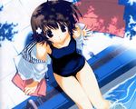  ahoge brown_eyes brown_hair copyright_request drain_(object) dutch_angle from_above hair_ornament jacket jacket_over_swimsuit looking_at_viewer looking_up mitsumi_misato off_shoulder one-piece_swimsuit outdoors pool poolside school_swimsuit short_hair sitting soaking_feet solo swimsuit towel water 