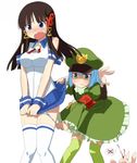  black_hair blood blue_eyes blue_hair blush bunny covering covering_crotch green_dam green_eyes hat implied_pantyshot long_hair multiple_girls nose_blush nosebleed os-tan panties panty_pull personification skirt skirt_lift skirt_tug spoken_panties striped striped_panties thighhighs underwear white_panties xp-tan 