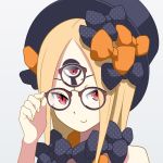  abigail_williams_(fate/grand_order) blonde_hair bow commentary fate/grand_order fate_(series) glasses hand_on_eyewear hat long_hair looking_at_viewer orange_bow panasonynet polka_dot polka_dot_bow portrait red_eyes simple_background smile solo third_eye 