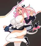  animal_ears apron breasts collar copyright_request cow_ears cow_girl cow_tail detached_sleeves dress heart horns huge_breasts long_hair maid mary_janes no_panties pink_eyes pink_hair ryoji_(nomura_ryouji) shoes sideboob solo tail thighhighs white_legwear wind wind_lift 