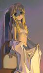  bed_sheet blonde_hair blue_eyes chair copyright_request covering flat_chest groin hair_censor hair_over_breasts hip_bones long_hair naked_sheet navel nude satou_toshiyuki shade solo 