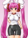  animal_ears bike_shorts blush bunny_ears cameltoe di_gi_charat dice purple_hair shorts spandex spats usada_hikaru 