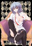  argyle argyle_background armchair bad_id bad_pixiv_id blue_eyes blue_hair bra braid breasts bug butterfly chair cleavage feet grin highres insect izayoi_sakuya large_breasts lingerie naughty_face no_panties open_clothes open_shirt panties panties_around_one_leg shirt side_braid single_braid sitting skirt smile solo thighhighs toes touhou underwear undressing utakata_(kochou_no_yume) 