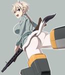  1girl animal_ears ass blonde_hair blue_background blue_eyes blush brave_witches breasts eyebrows_visible_through_hair gun large_breasts looking_at_viewer looking_back monochrome_background nanashino nikka_edvardine_katajainen open_mouth pantyhose rifle shiny shiny_clothes shiny_hair shiny_skin simple_background smile solo striker_unit sweater tail weapon weasel_ears weasel_tail white_legwear world_witches_series 