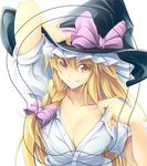  blonde_hair breasts cleavage fuyuwa_kotatsu grin hair_ribbon hat kirisame_marisa large_breasts open_clothes open_shirt ribbon shirt smile solo touhou undressing witch_hat yellow_eyes 