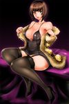  1girl anna_williams bare_shoulders black_legwear breasts brown_hair cleavage coat curvy green_eyes high_heels large_breasts shoes short_hair sitting solo tekken thighhighs 