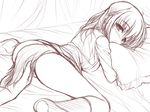  animal_ears ass bed blush bottomless copyright_request dog_ears dog_tail holding_another's_tail long_hair monochrome pillow pillow_hug short_hair sketch solo_focus tail tail_grab uni8 