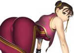  all_fours ass bodysuit brown_hair cameltoe chun-li double_bun double_vertical_stripe kansuke looking_back solo street_fighter 