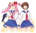  blue_eyes blue_skirt blush breasts brown_hair etopen happy haramura_nodoka heart holding_hands huge_breasts kiyosumi_school_uniform miyanaga_saki multiple_girls neckerchief no_bra pink_hair red_neckwear ryoji_(nomura_ryouji) saki school_uniform serafuku short_hair skirt smile stuffed_animal stuffed_penguin stuffed_toy thighhighs twintails underboob white_legwear yuri zettai_ryouiki 