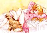  barefoot bed blonde_hair feet lingerie lying male_focus maria_holic nightgown otoko_no_ko piggybank_(pixiv) red_eyes shidou_mariya solo stuffed_animal stuffed_toy teddy_bear underwear 