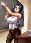  armpits bare_shoulders blue_hair breasts chalk chalkboard glasses holding idolmaster idolmaster_(classic) large_breasts left-handed long_hair miura_azusa pantyhose pencil_skirt skirt solo teacher yokkora 