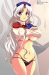  bad_id bad_pixiv_id black_panties breasts curvy groin hat lace large_breasts long_hair mossu navel panties purple_eyes solo touhou underboob underwear undressing white_hair yagokoro_eirin zoom_layer 