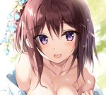  1girl :d backlighting bare_shoulders blush breasts brown_hair cleavage collarbone copyright_request day hair_ornament japanese_clothes kanzashi large_breasts long_hair looking_at_viewer off_shoulder open_mouth oryou purple_eyes sidelocks smile solo upper_body 