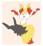  1girl animal_ear_fluff animal_ears arms_up artist_name blush border braixen claws creatures_(company) dated eyes_closed female fox_ears fox_tail furry game_freak gen_6_pokemon highres jpeg_artifacts light_blush mezmaroon nintendo no_humans open_mouth pawpads paws pokemon pokemon_(creature) signature simple_background smile solo tail teeth white_border 