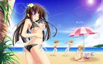  akiyama_mio ass beach bikini black_hair blonde_hair brown_hair butt_crack day fang highres hirasawa_yui k-on! kotobuki_tsumugi multiple_girls outdoors ruschuto swimsuit tainaka_ritsu umbrella wallpaper wardrobe_malfunction widescreen 