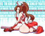 ass bad_id bad_pixiv_id brown_hair fatal_fury huge_ass looking_back ponytail revealing_clothes shiranui_mai sitting solo the_king_of_fighters ueda_torini 