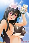  3d_glasses alcohol arided beer beer_can bikini bikini_tan bikini_top black_hair blush breasts can day drunk huge_breasts kouki_kuu long_hair looking_at_viewer print_bikini red_eyes solo star star_print sumaga swimsuit tan tanline underboob upper_body 