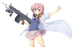  1girl aa-12 earmuffs earmuffs_around_neck gun hair_ornament hairclip hase_yu holding holding_gun holding_weapon little_armory low_ponytail oozumi_ren pink_eyes pink_hair pleated_skirt shotgun skirt sleeves_rolled_up solo sweater_vest toothpick trigger_discipline weapon white_coat 